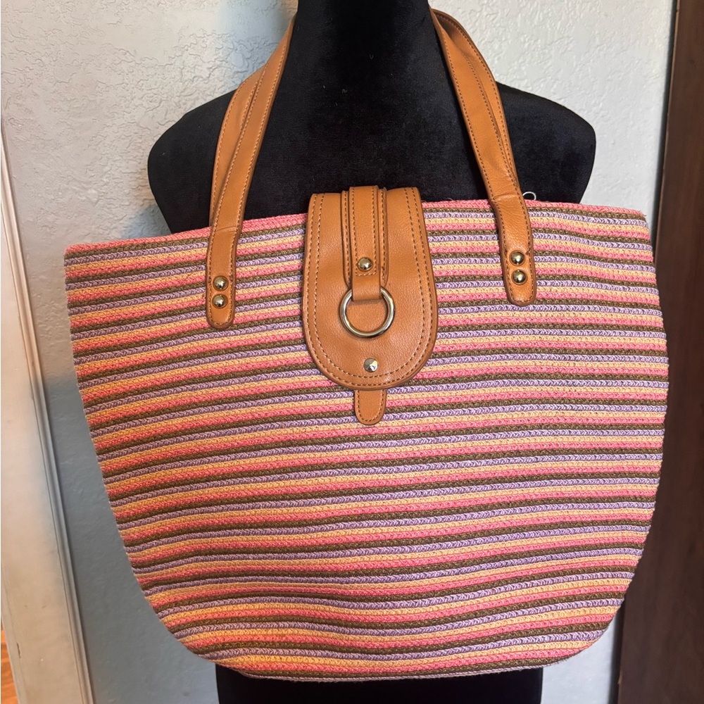 Liz Claiborne Tan and Pink Striped Tote Straw Bag